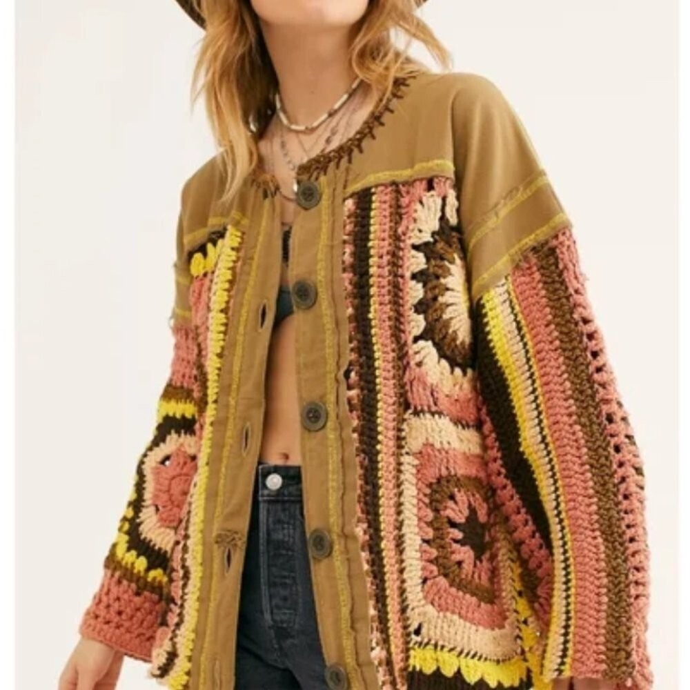 Free People Women's No Rain Oslo in Spring Jacket MEDIUM Patchwork Boho‎ Crochet - Picture 2 of 16